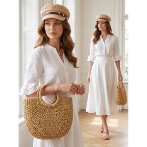 Marcus Adler Linen Blend Hat & Paper Straw Tote Beige Gold Resort‎ Bundle NWOT